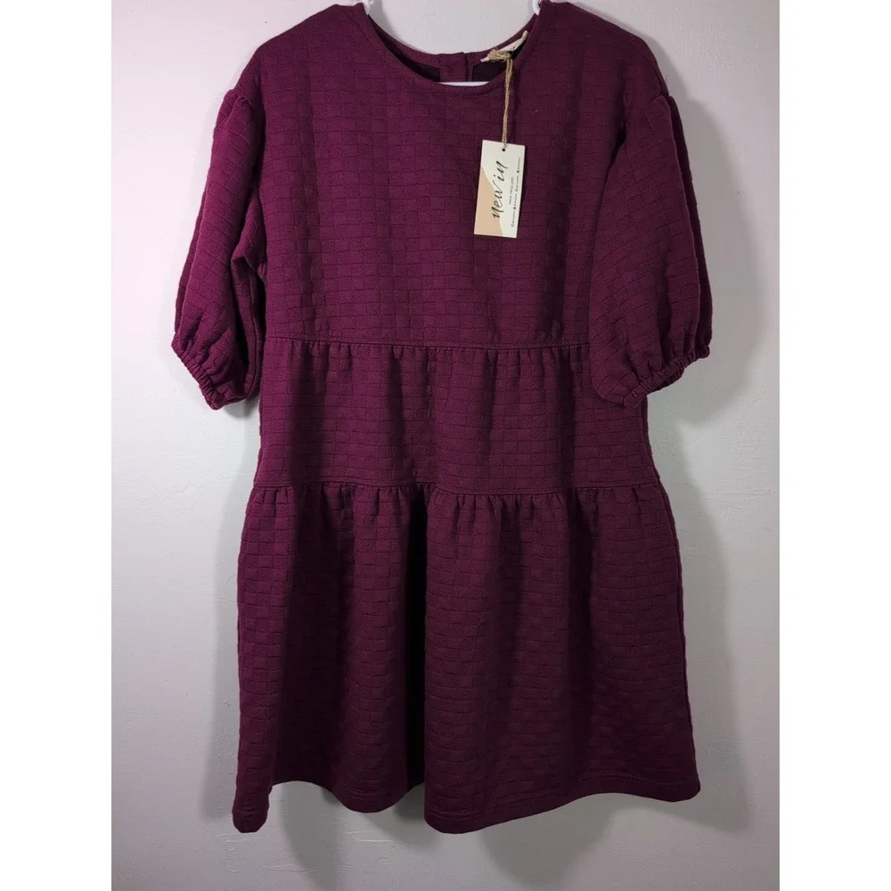 New In  Quilted Balloon Sleeve Dress‎ Purple Small New